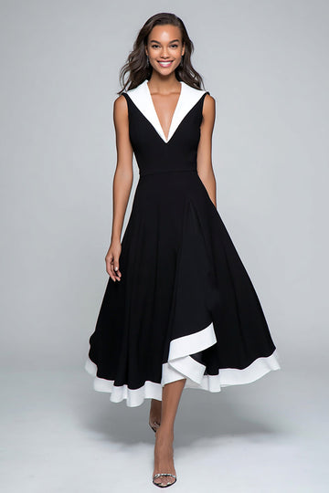 Noir et blanc Robe mi-longue à col en V